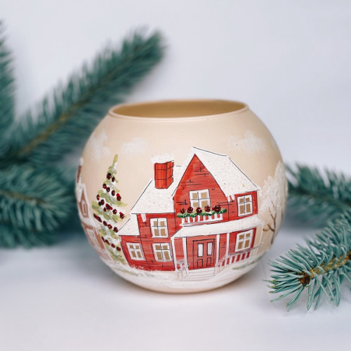 Vase - candle holder, handmade, beige "Winter huts" GC000-1256