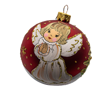 A red handmade glass Christmas tree ball with a depiction of an angel near the Christmas tree, 3,25 inches