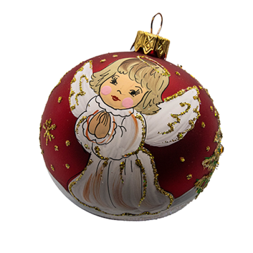 A red handmade glass Christmas tree ball with a depiction of an angel near the Christmas tree, 3,25 inches
