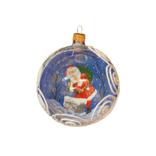 Glass ball, white and blue, with artistic painting "Santa", 10 cm GB309-1346