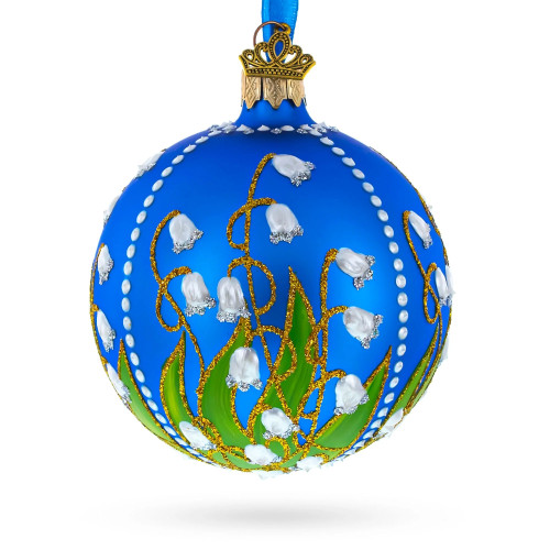 Glass ball, blue, painted with flowers and decorated with glitter, handmade, 8 cm GB305-1515