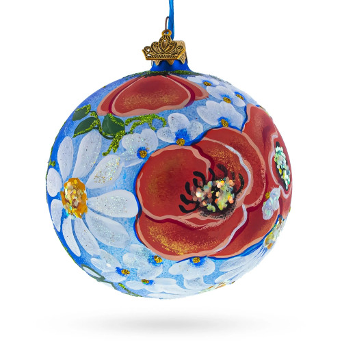 Glass ball, blue with floral ornament, handmade, 8 cm GB305-1517