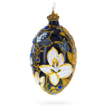Christmas tree egg pendant, glass, black, with floral ornament, decorated with glitter, handmade, 12 cm