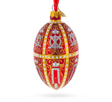 Ялинкова підвіска-яйце скляна, червона, з орнаментом , декорована глітером, ручна робота, 12 см
