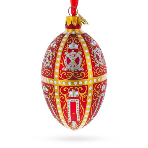 Ялинкова підвіска-яйце скляна, червона, з орнаментом , декорована глітером, ручна робота, 12 см