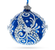 Glass ball, blue, painted with flowers and decorated with glitter, handmade, 8 cm GB305-1518
