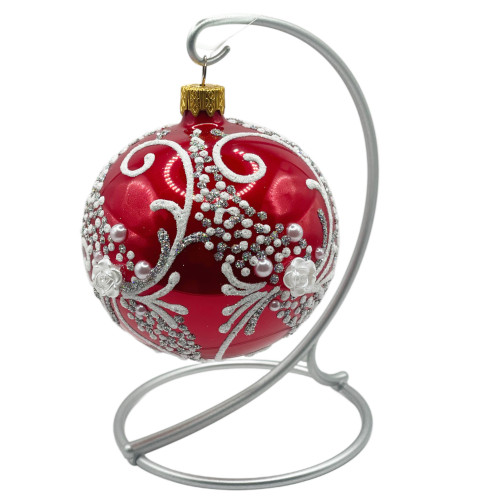 Куля скляна, червона, розписана квітами та оздоблена глітером, ручної роботи, 8 см GB405-1519