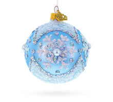 Куля скляна, блакитна з зимовим орнаментом, ручної роботи, 8 см GB306-1524
