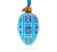 Ялинкова підвіска-яйце скляна, блакитна, з орнаментом , декорована глітером, ручна робота, 6 см