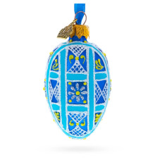 Christmas tree pendant-egg, glass, blue, with ornament, decorated with glitter, handmade, 6 cm