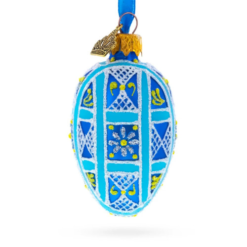 Ялинкова підвіска-яйце скляна, блакитна, з орнаментом , декорована глітером, ручна робота, 6 см
