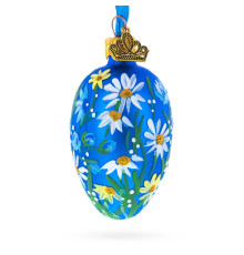 Christmas tree egg pendant, glass, blue, with floral ornament, decorated with glitter, handmade, 6 cm