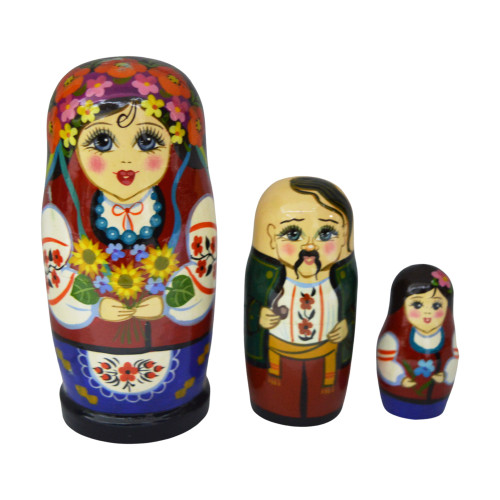 Дерев'яна розписна лялька в традиційному українському одязі з соняшниками в руках, набір з 3-х шт, "Козачка",  12,5 см