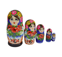 Дерев'яна розписна лялька в традиційному українському одязі, набір з 5-х шт,  "Українка з маками", 10 см