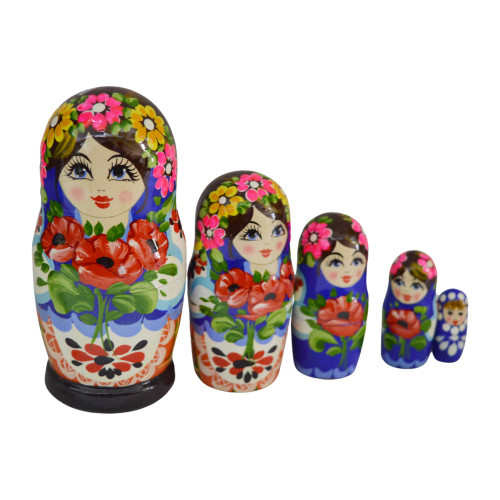 A set of 5 hand-painted wooden dolls dressed in traditional Ukrainian clothes "A Ukrainian woman with poppy flowers", 4 inches