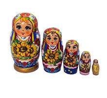 Дерев'яна розписна лялька в традиційному українському одязі, набір з 5-х шт, "Українка з соняшниками", 10 см