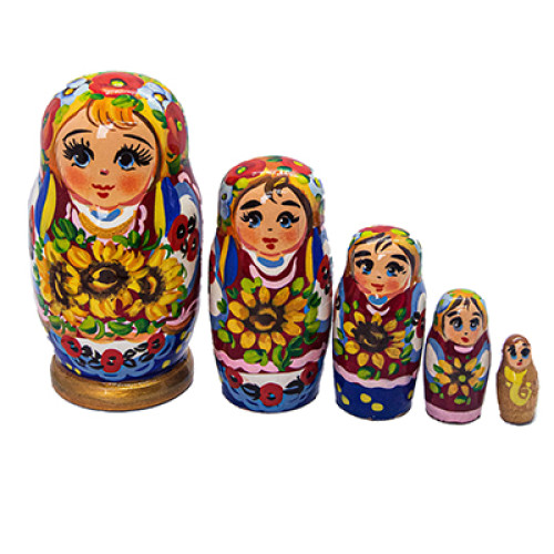 Дерев'яна розписна лялька в традиційному українському одязі, набір з 5-х шт, "Українка з соняшниками", 10 см