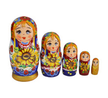 Дерев'яна розписна лялька в традиційному українському одязі, набір з 5-х шт,  "Українка з соняшниками", 12,5 см