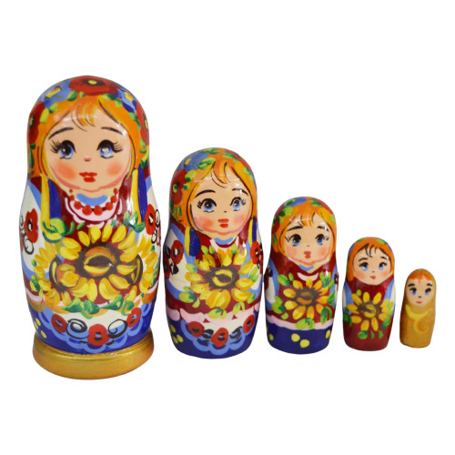 Дерев'яна розписна лялька в традиційному українському одязі, набір з 5-х шт,  "Українка з соняшниками", 12,5 см
