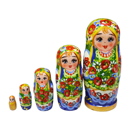 A set of 5 hand-painted wooden dolls dressed in traditional Ukrainian clothes with wreaths made of poppy flowers "A Ukrainian woman", 4,9 inches
