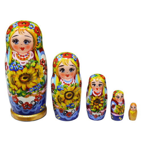 Дерев'яна розписна лялька в традиційному українському одязі з соняшниками в руках, набір з 5-и шт,"Українка", 15 см