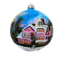 A blue handmade glass Christmas tree ball with an artistic painting, embellished with glitter "A winter village", 3,25 inches