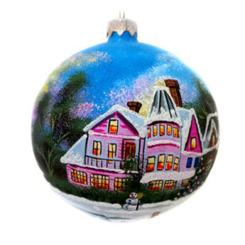 A blue handmade glass Christmas tree ball with an artistic painting, embellished with glitter "A winter village", 3,25 inches