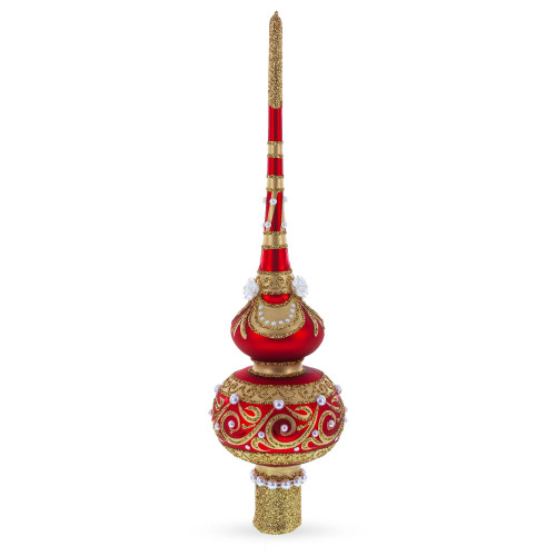 Glass Christmas tree topper, red, decorated with glitter and pearls, 28 cm GT410-1530