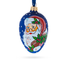 Ялинкова підвіска-яйце скляна, синя, із  художнім розписом ручної роботи "Санта", 12 см GE310-1534