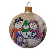 Куля скляна, золота з зображенням "Сім'я сніговиків", ручна робота, 8см GB307-1603