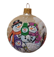 Glass ball, gold with the image "Snowman Family", handmade, 8cm GB307-1603