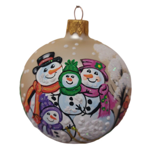 Glass ball, gold with the image "Snowman Family", handmade, 8cm GB307-1603