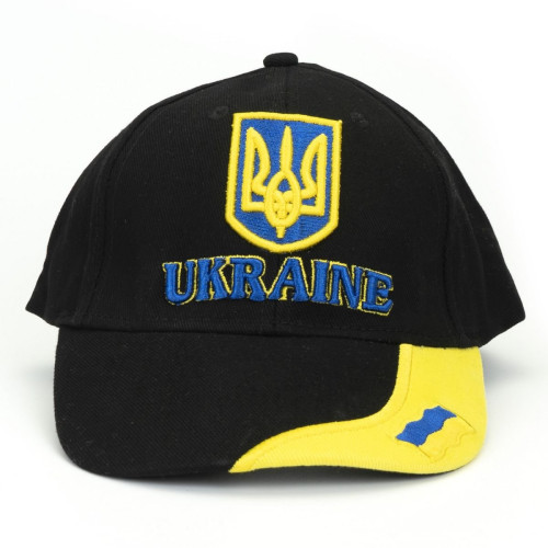 A black baseball cap with Ukrainian flag and the coat of arms